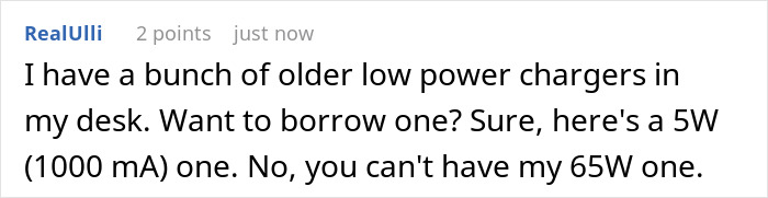 Text post discussing chargers, highlighting a coworker unbothered by a lady famous for not returning stuff's tantrum. Text post discussing chargers, highlighting a coworker unbothered by a lady famous for not returning stuff's tantrum.
