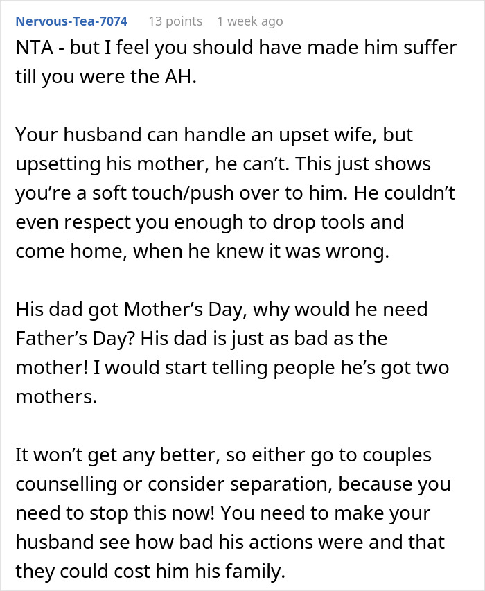 Comment criticizing a man who skips his wife&rsquo;s first Mother&rsquo;s Day to spend time with his mother instead.