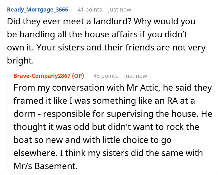 Comments discussing a woman&rsquo;s roommates and sisters reacting after discovering she secretly owns the house.