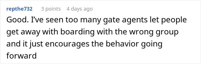 Online comment discussing gate agents and entitled plane passenger cutting the cue during boarding. Online comment discussing gate agents and entitled plane passenger cutting the cue during boarding.