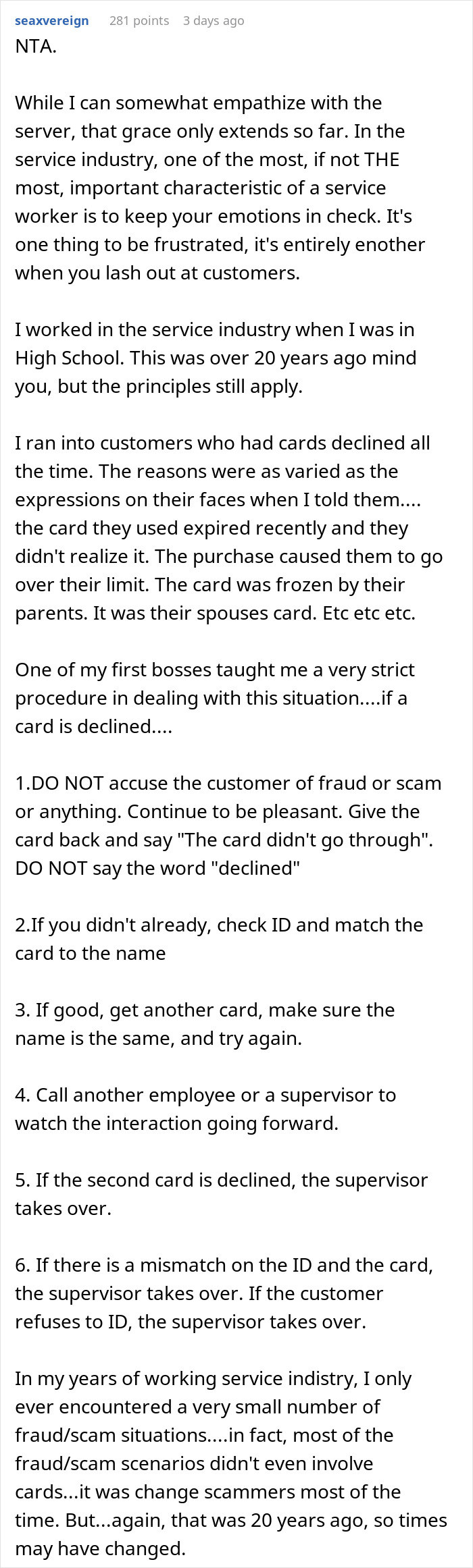 Screenshot of a Reddit comment discussing service industry tips related to tipping 83 cents and customer interactions.