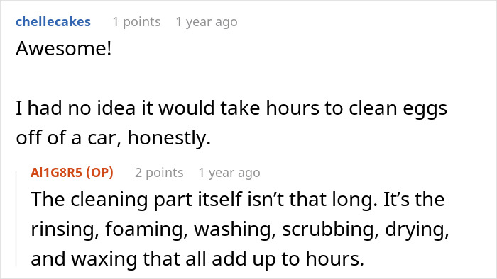 Discussion about how throwing eggs at a car leads to hours of washing and waxing to clean it properly
