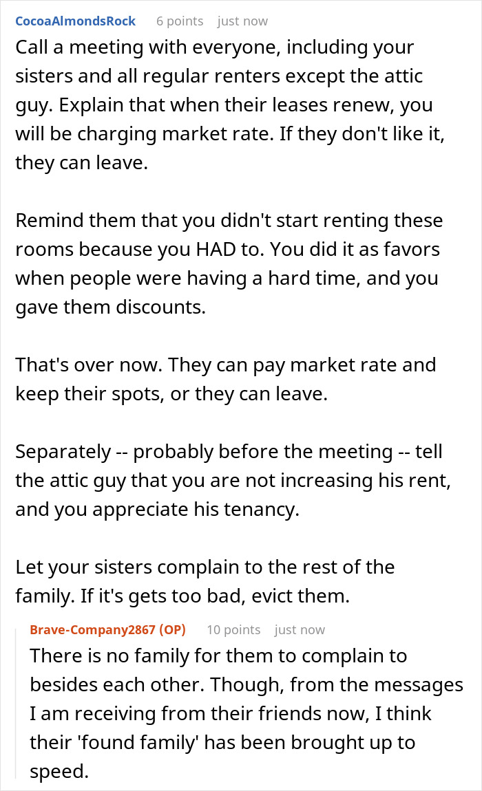 Discussion about woman&rsquo;s roommates and sisters reacting after discovering she secretly owns the house and changes rent terms.