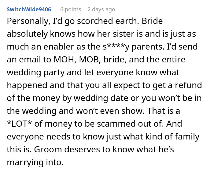 Comment on MOH overcharged for the bachelorette, discussing refund demands and family drama before the wedding.