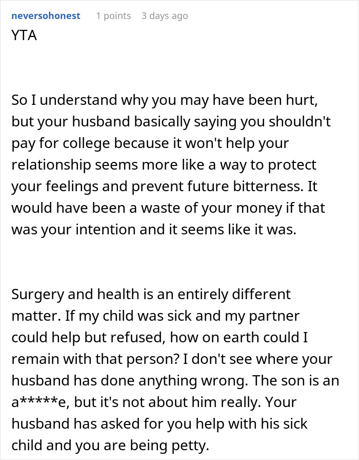 Screenshot of a forum comment discussing a husband's request for help paying for his stepson’s surgery and the moral dilemma involved. Screenshot of a forum comment discussing a husband's request for help paying for his stepson’s surgery and the moral dilemma involved.