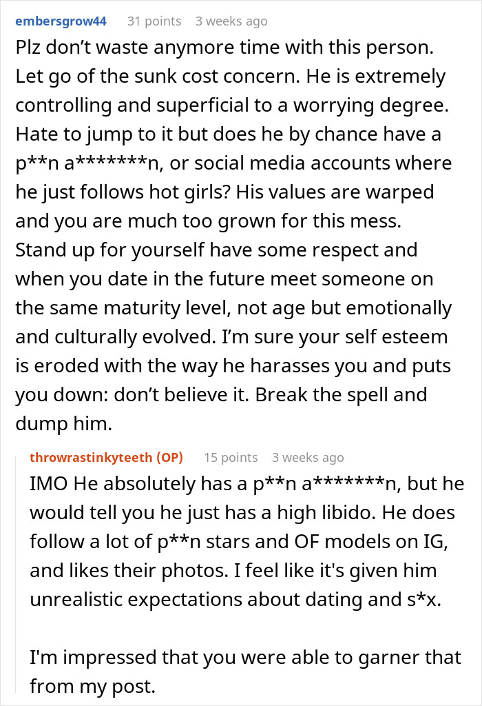 Screenshot of a Reddit conversation discussing controlling behavior and disrespect regarding wearing sexy clothes in a relationship.