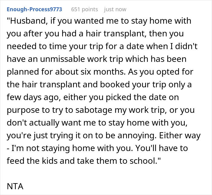Text post showing a wife refusing to cancel plans after husband demands it over his hair transplant surgery.