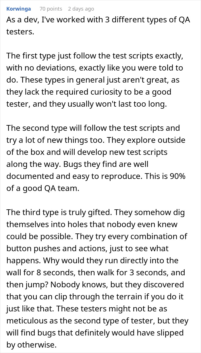 Screenshot of a developer discussing exploratory testing and reporting bugs found in video game QA processes. Screenshot of a developer discussing exploratory testing and reporting bugs found in video game QA processes.