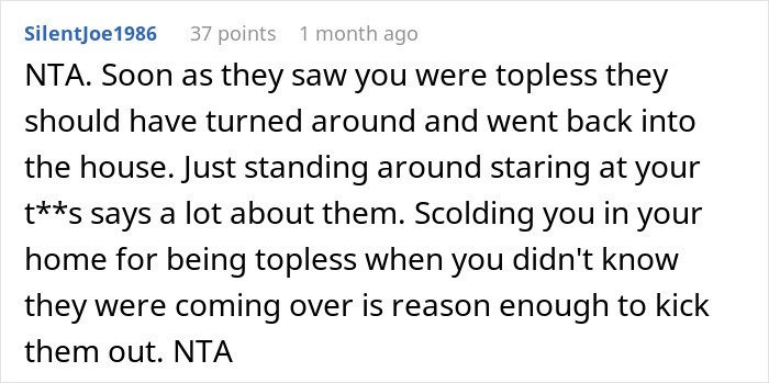 Comment discussing a woman accused of exposing herself while sunbathing topless in front of her SIL, husband, and son.