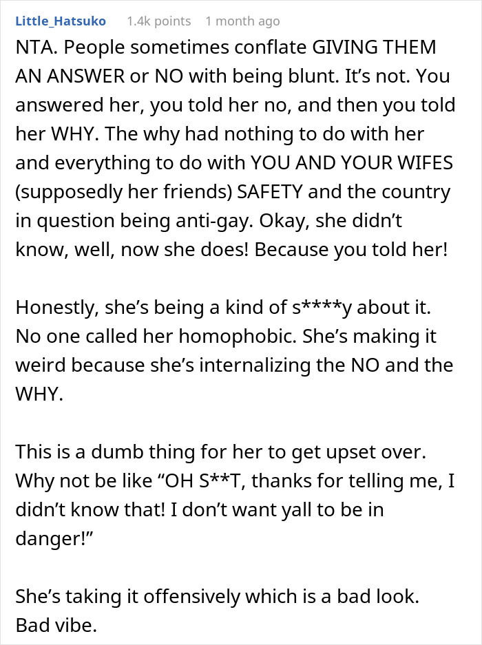 Reddit comment explaining a blunt woman’s reason for not traveling with friend, discussing safety and accusations. Reddit comment explaining a blunt woman’s reason for not traveling with friend, discussing safety and accusations.