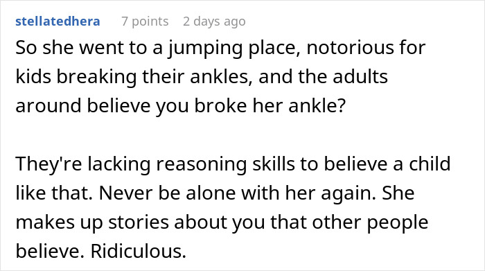 Comment discussing disbelief about family claiming a child broke her leg at a jumping place, urging not to trust her.