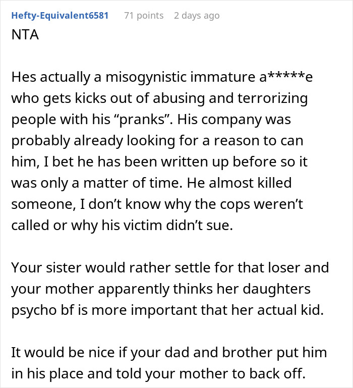 Screenshot of a critical online comment about a man&rsquo;s harmful prank on girlfriend&rsquo;s sister and her revenge reaction.