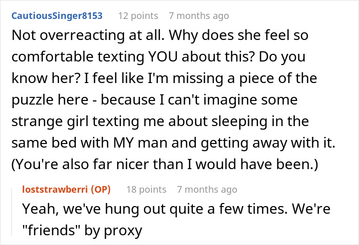 Screenshot of a Reddit conversation about a woman upset that her friend&rsquo;s girlfriend won&rsquo;t let them sleep in the same bed.