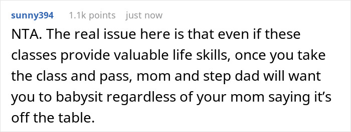 Screenshot of a Reddit comment discussing fears of being set up to babysit autistic stepbro and refusing related classes. Screenshot of a Reddit comment discussing fears of being set up to babysit autistic stepbro and refusing related classes.