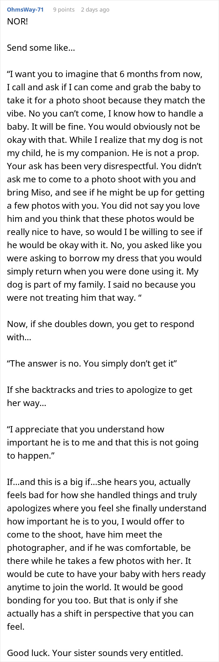 Person explaining why they refuse to lend their dog to sister for an aesthetic maternity shoot due to respect and boundaries. Person explaining why they refuse to lend their dog to sister for an aesthetic maternity shoot due to respect and boundaries.