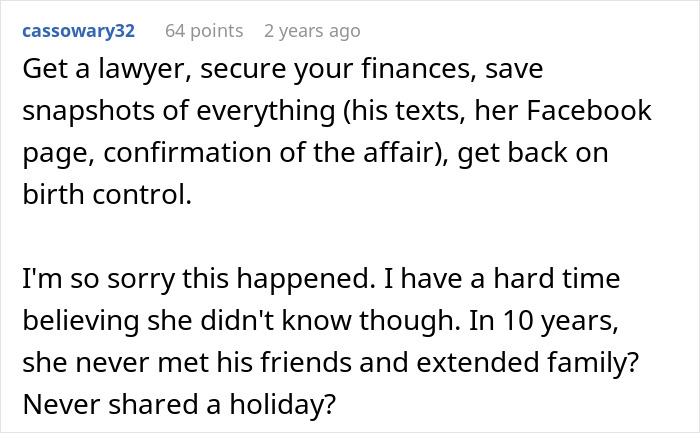Text comment about securing finances and evidence after a man hides a secret second family for years.