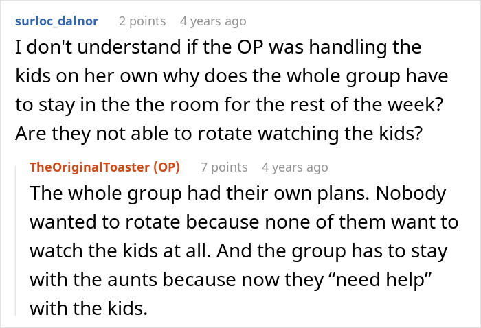 Reddit discussion about a 17-year-old refusing to babysit multiple kids during a family vacation group meltdown.