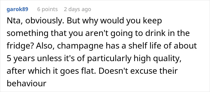 Screenshot of a user comment discussing the issue of sister&rsquo;s friends drinking irreplaceable champagne and the emotional impact.