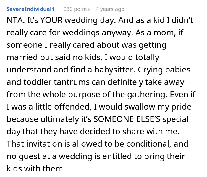 Comment discussing a bride who replaces kids with pets at her wedding and parents reacting negatively.