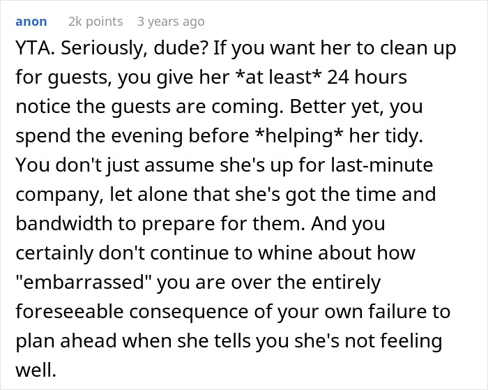 Comment discussing husband blaming ill wife for messy home and lack of cleaning before guests arrive.