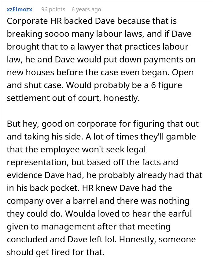 Screenshot of a Reddit comment discussing labor laws and corporate HR supporting an employee's legal case. Screenshot of a Reddit comment discussing labor laws and corporate HR supporting an employee's legal case.