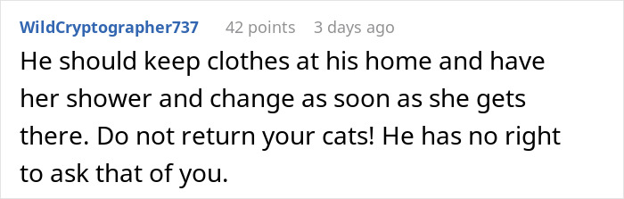 Reddit comment advising not to rehome cats despite man demanding it due to new wife&rsquo;s severe allergy.