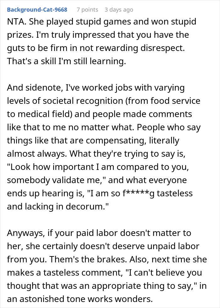 Screenshot of an online discussion where a woman refuses to babysit niece after sister-in-law's rude remarks about her job. Screenshot of an online discussion where a woman refuses to babysit niece after sister-in-law's rude remarks about her job.