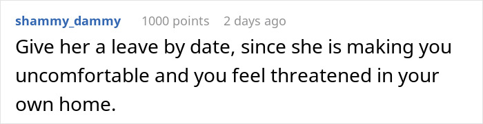 Screenshot of online comment about tenant feeling threatened in home after man inherits house, highlighting tense living situation.