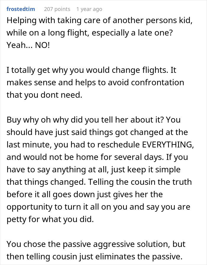 Comment discussing rebooking a flight to avoid babysitting a niece, emphasizing avoiding confrontation and keeping explanations simple. Comment discussing rebooking a flight to avoid babysitting a niece, emphasizing avoiding confrontation and keeping explanations simple.
