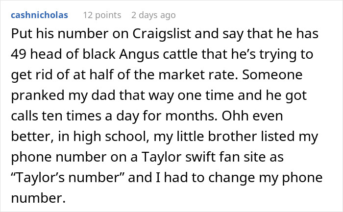 Comment on prank involving Craigslist and prank phone numbers shared by family members, related to blocking garage and job applications.