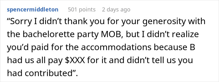 Screenshot of a Reddit comment discussing concerns about MOH overcharging for the bachelorette party and mismanaging money.
