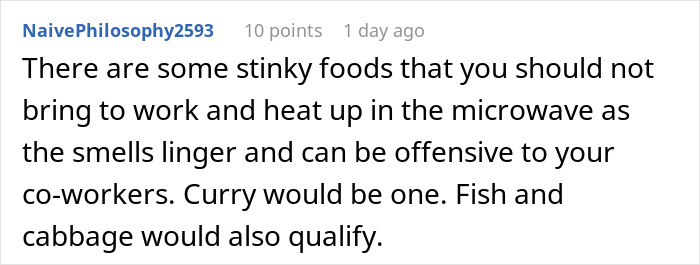 Screenshot of a forum comment discussing coworker complaints about strong-smelling lunch foods at work.