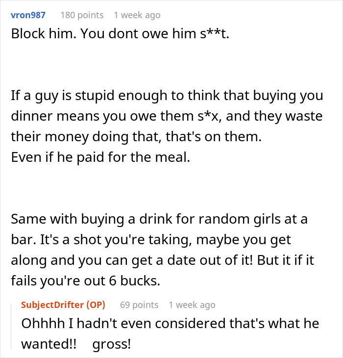 Screenshot of a Reddit conversation discussing a woman telling a guy there’s no spark after a free meal date. Screenshot of a Reddit conversation discussing a woman telling a guy there’s no spark after a free meal date.