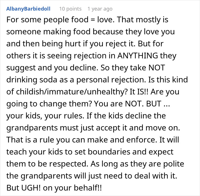 Comment on boomer relatives undermining kids' healthy habits by offering candies and soda, highlighting family boundary struggles.