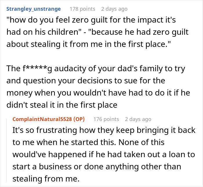 Reddit conversation about woman suing dad over $100K stolen inheritance, leaving him financially broke.