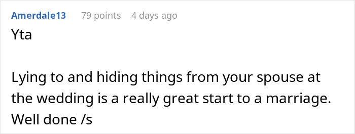 Screenshot of an online comment criticizing secretly selling alcohol at a dry wedding to cover costs.