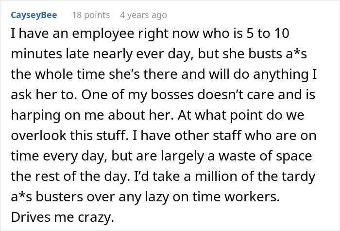 Comment discussing employee lateness and work ethic, highlighting the challenge of sticking to a schedule and punctuality issues.