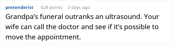 Text post with a comment about prioritizing a funeral over seeing daughter and pregnant wife, highlighting choice between death and life.