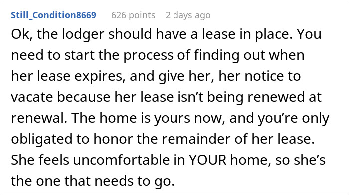 Screenshot of a user comment advising that the man inherits house must honor the tenant&rsquo;s lease and give notice to vacate.