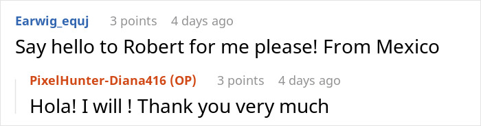 Screenshot of a Reddit conversation where a user asks to say hello to Robert and receives a friendly reply.