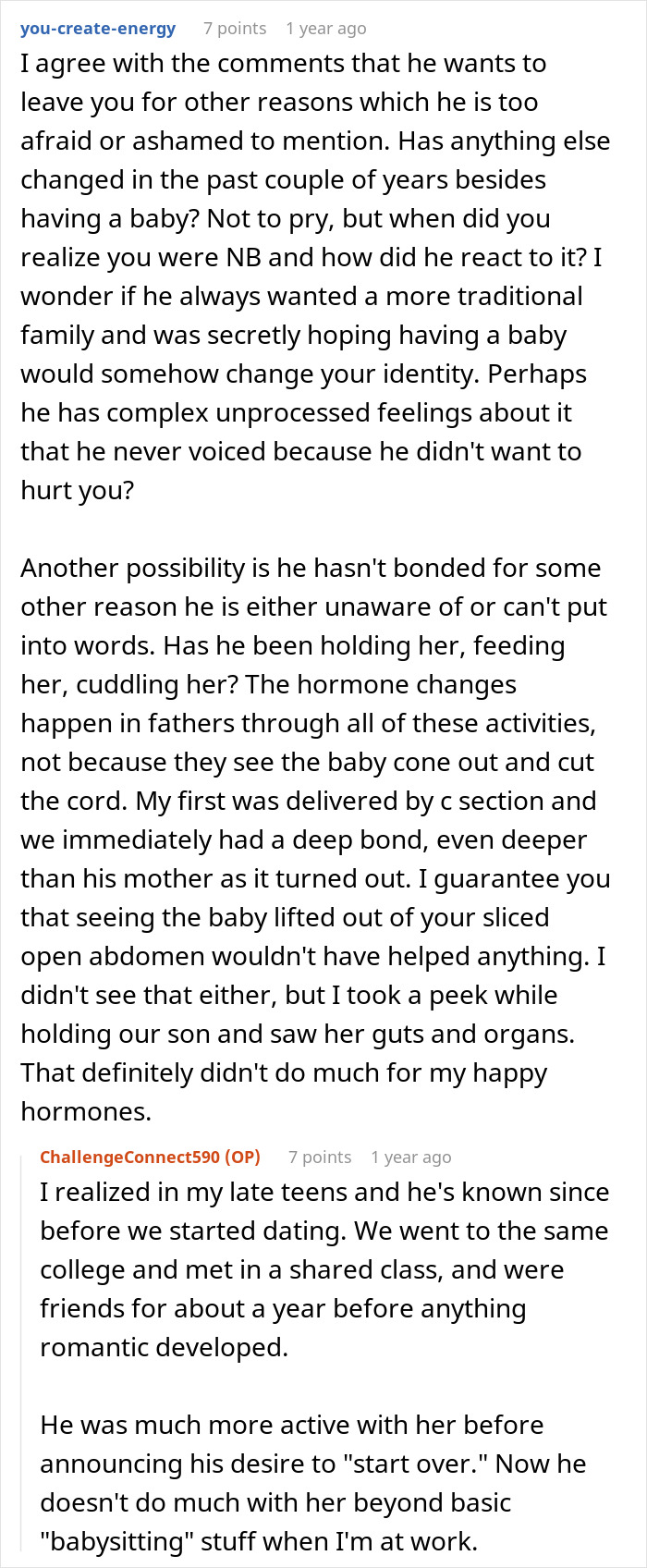Comment discussing a man&rsquo;s struggle to bond with his cesarean baby daughter and his demand for divorce.
