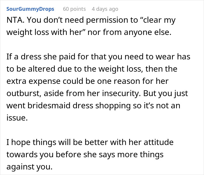 "I Was So Confused And Shocked": Woman Called Selfish By Bride Because She Lost Some Weight "I Was So Confused And Shocked": Woman Called Selfish By Bride Because She Lost Some Weight