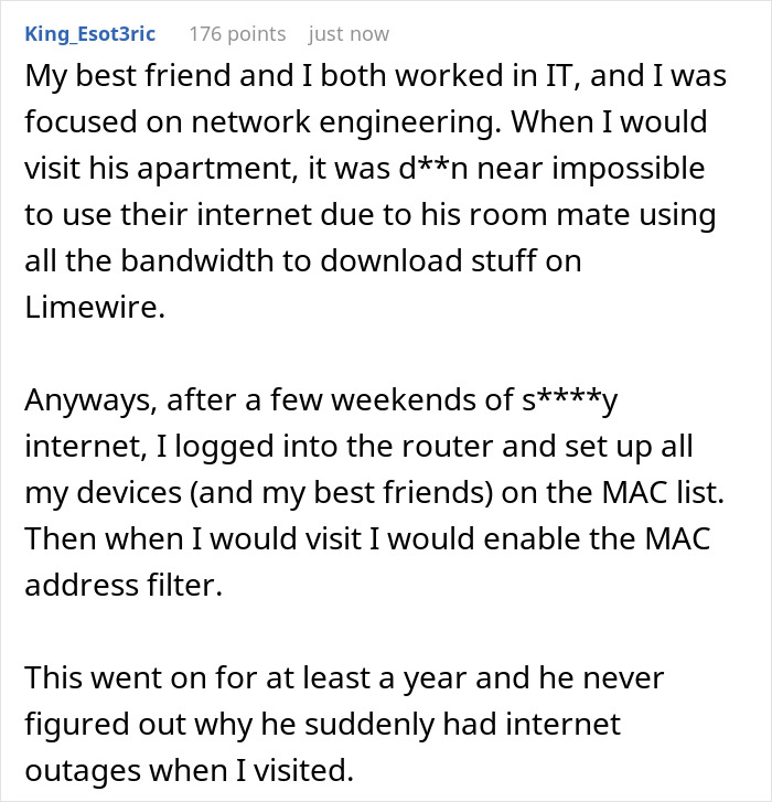 Text post about managing slow internet caused by roommate&rsquo;s heavy bandwidth use during gaming marathons, leading to secret WiFi shutdown.