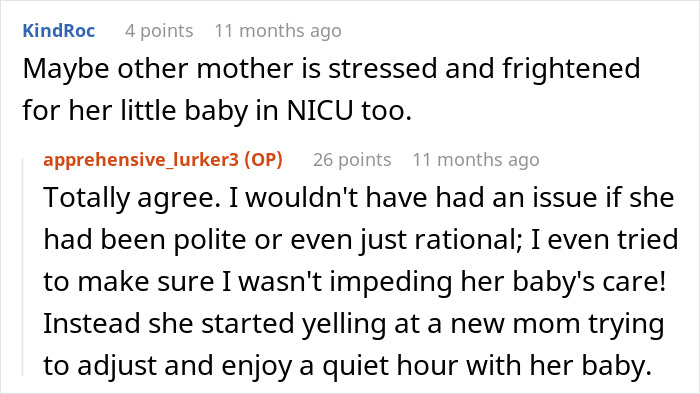 Alt text: Online discussion showing new mom’s hilarious malicious compliance dealing with a nosy NICU neighbor’s behavior Alt text: Online discussion showing new mom’s hilarious malicious compliance dealing with a nosy NICU neighbor’s behavior