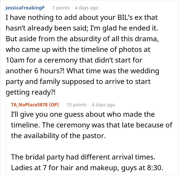 Screenshot of a Reddit conversation discussing wedding timeline issues involving the mother of ring bearer and bride conflict.