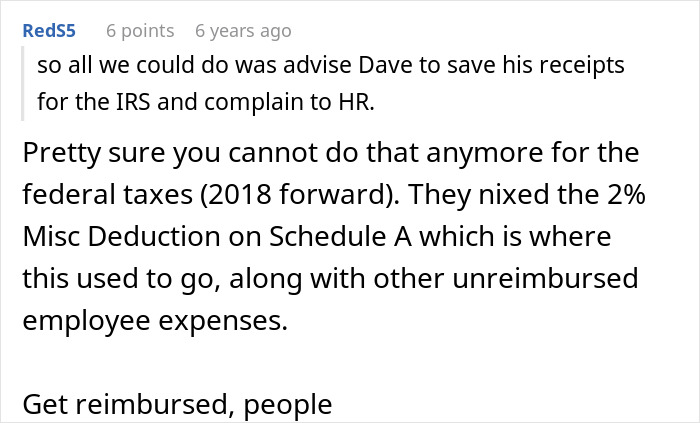 Screenshot of an online comment discussing employee reimbursements and federal tax changes related to overtime work. Screenshot of an online comment discussing employee reimbursements and federal tax changes related to overtime work.