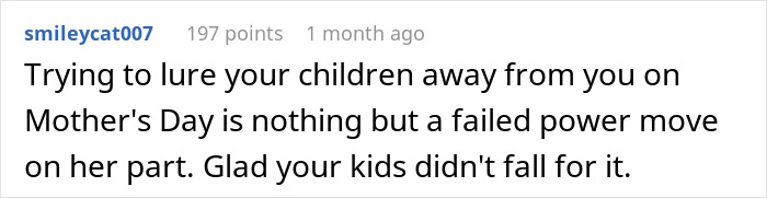 Comment discussing a stepmom making kids' lives difficult by trying to manipulate them on Mother's Day.