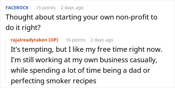 ALT text: Online discussion about non-profit employee hours and accusations with comments on work-life balance and hobbies