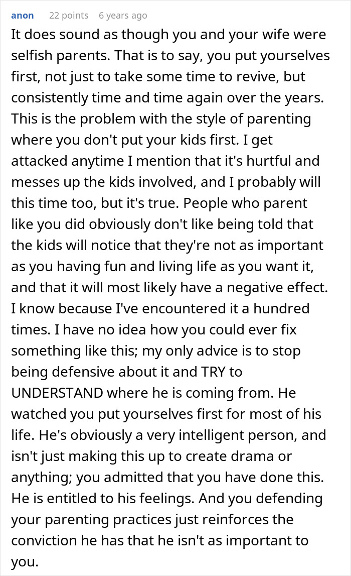 Comment excerpt discussing parents possibly messing up their son due to years of neglect and selfish parenting choices.