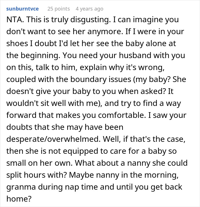 Comment discussing mother-in-law caught trying to breastfeed baby, with mom furious about boundary and caregiving concerns.